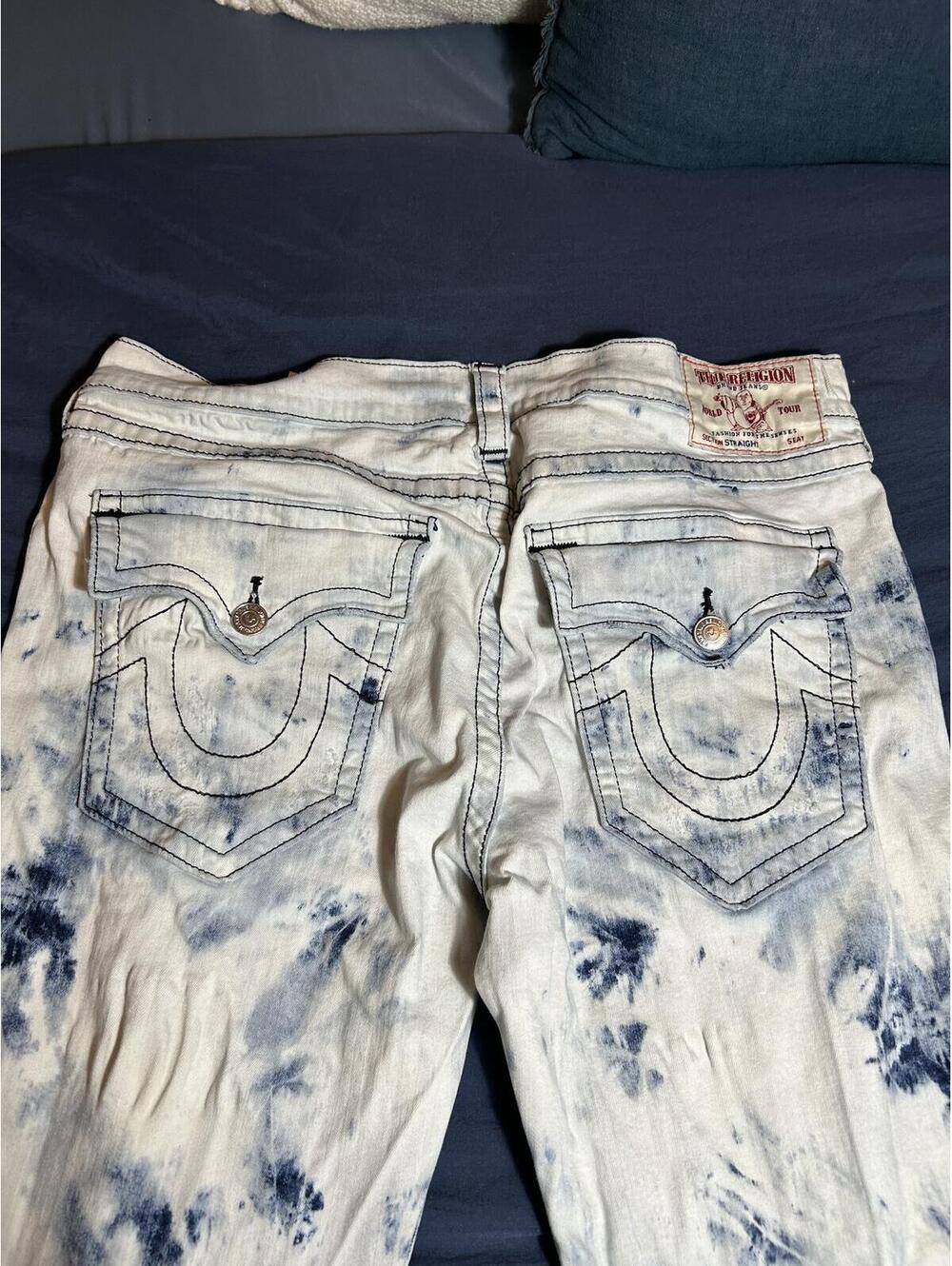 True Religion White and Blue Tie-Dye Straight Leg Jeans Size 40